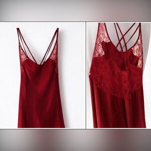 Victoria's Secret Vtg. Chemise Lingerie Red Satin & Lace Criss Cross Back Sz SM